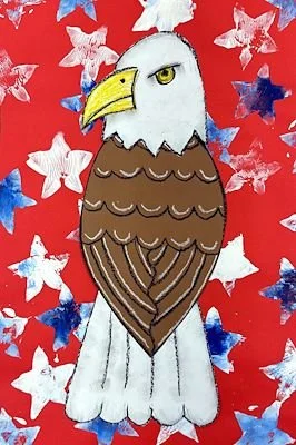 Drawing of a bald eagle with a serious expression, set against a red background with white and blue star-shaped patterns.