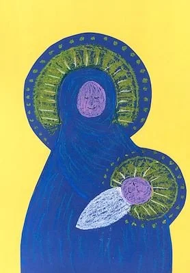 Abstract artwork featuring a purple-faced figure with a blue body and colorful halos on a yellow background.