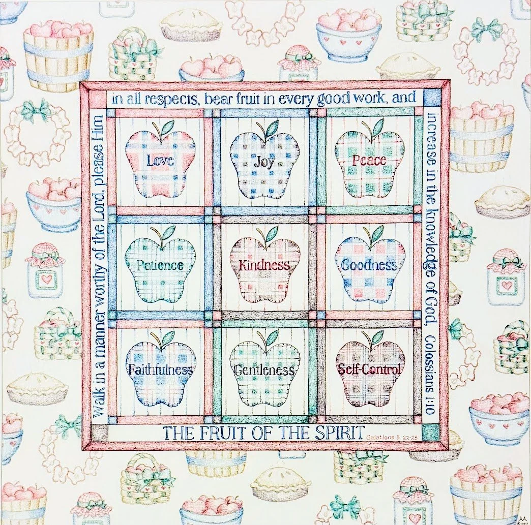 A colorful drawing of nine apple-shaped sections within a grid, each containing a word such as Love, Joy, Peace, Patience, Kindness, Goodness, Faithfulness, Gentleness, and Self-Control. Surrounding the grid is a background pattern of fruit-themed de