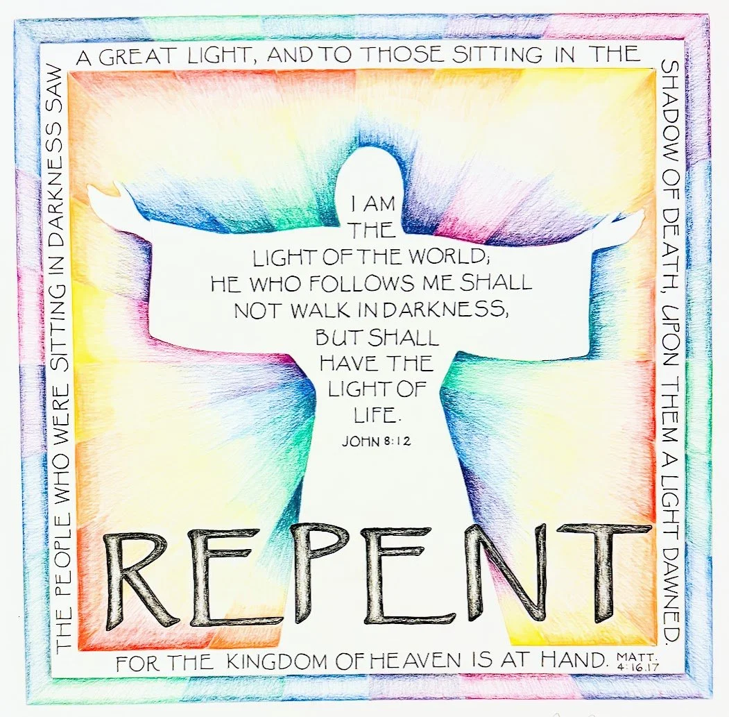 A colorful illustrated cross with a rainbow gradient background, containing a biblical quote from John 8:12 about Jesus as the light of the world, with the word "REPENT" at the bottom and additional biblical references along the border.
