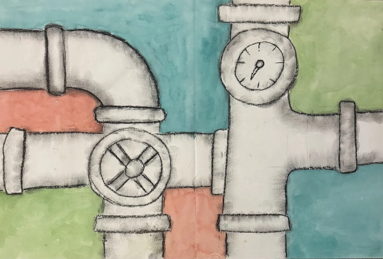 Colorful drawing of industrial pipes with gauges, set against a background of green, blue, and orange colors.