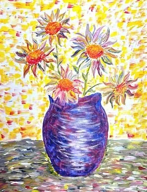 Watercolor painting of a blue vase with yellow and purple flowers against a yellow background.