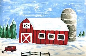 A red barn with white roof, three windows, and a silo on a snowy farm surrounded by pine trees and a wooden fence.
