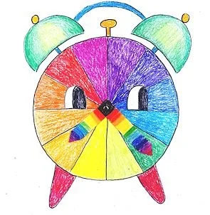 Colorful drawing of a clock with rainbow-colored sections, large black eyes, and purple ears, resembling a cartoon character with a pink frame and yellow legs.