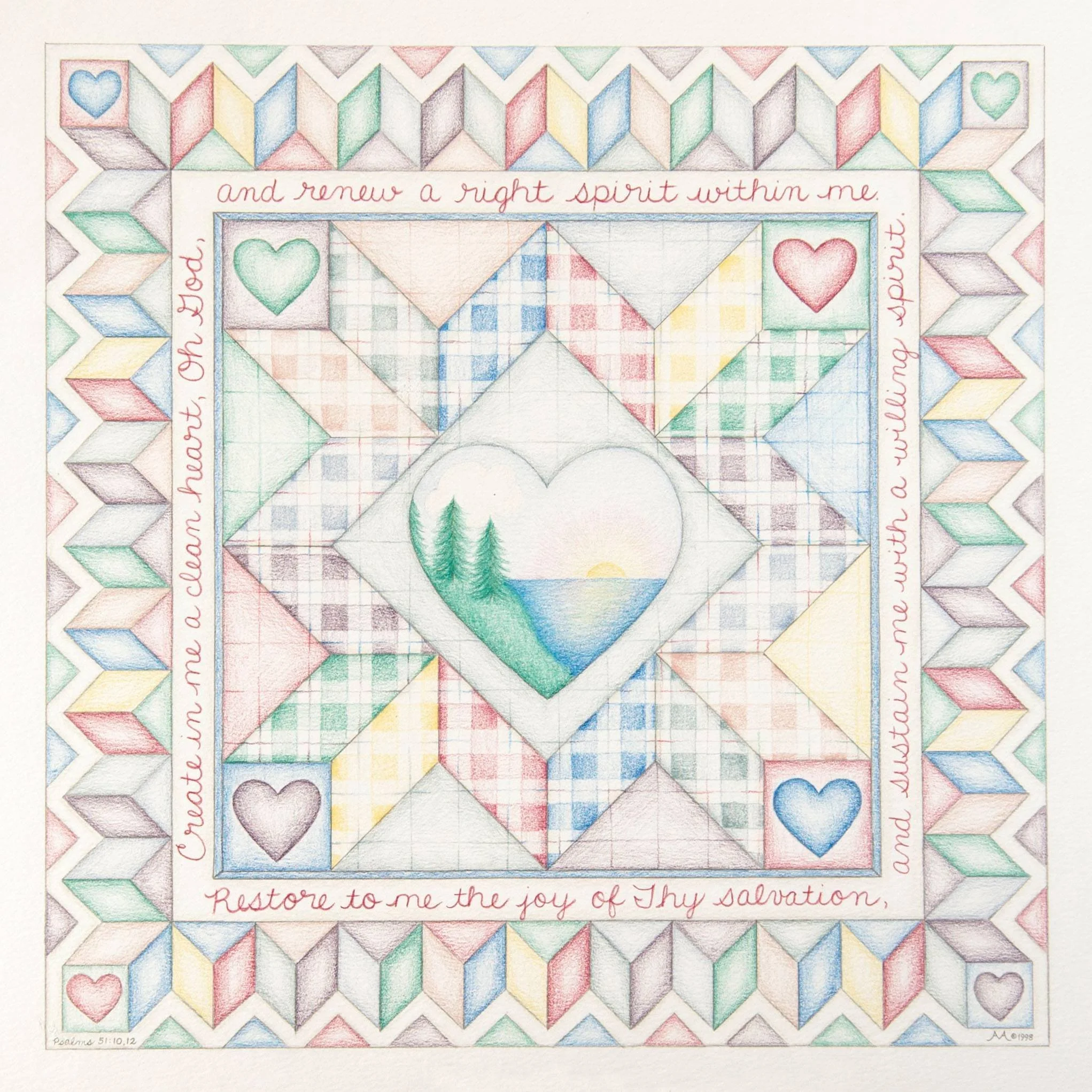 Colorful hand-drawn geometric pattern with hearts, cubes, and triangles. The pattern includes handwritten Bible verse references and phrases related to salvation and joy.