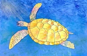 A colorful drawing of a sea turtle swimming in blue water.