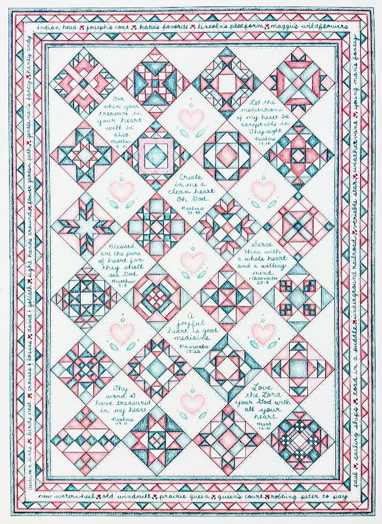Hand-drawn quilt pattern featuring 20 diamond-shaped blocks with various geometric designs in red, blue, and pink, interspersed with four white squares with pink hearts and handwritten Bible verses.