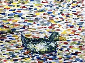 A painting of a duck swimming on a colorful, impressionistic water surface.