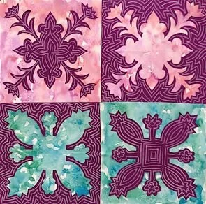 Four quilt blocks with floral and geometric patterns, in purple, pink, blue, and green colors.