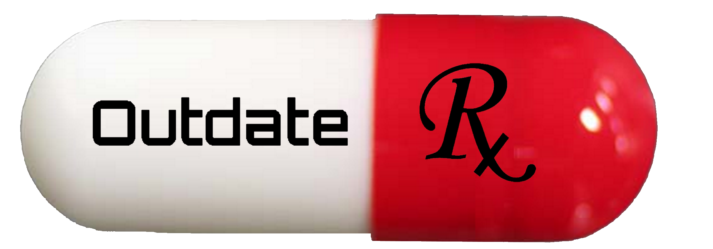 A pill capsule with the word 'Update' written on the white half and a red half with black letters 'Rx'.