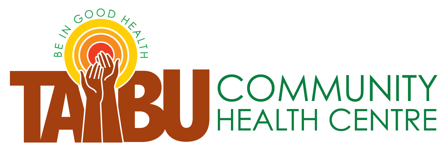 Logo of Tabu Community Health Centre with a graphic of two hands reaching for a heart, surrounded by a sun, and the words "Be in Good Health"