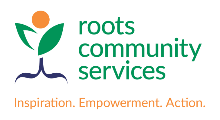 Logo for Roots Community Services with a stylized plant and a person, featuring the tagline "Inspiration. Empowerment. Action."