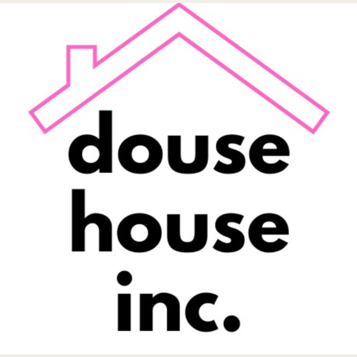 Logo for Douse House Inc. featuring a pink outline of a house roof above black lowercase text.
