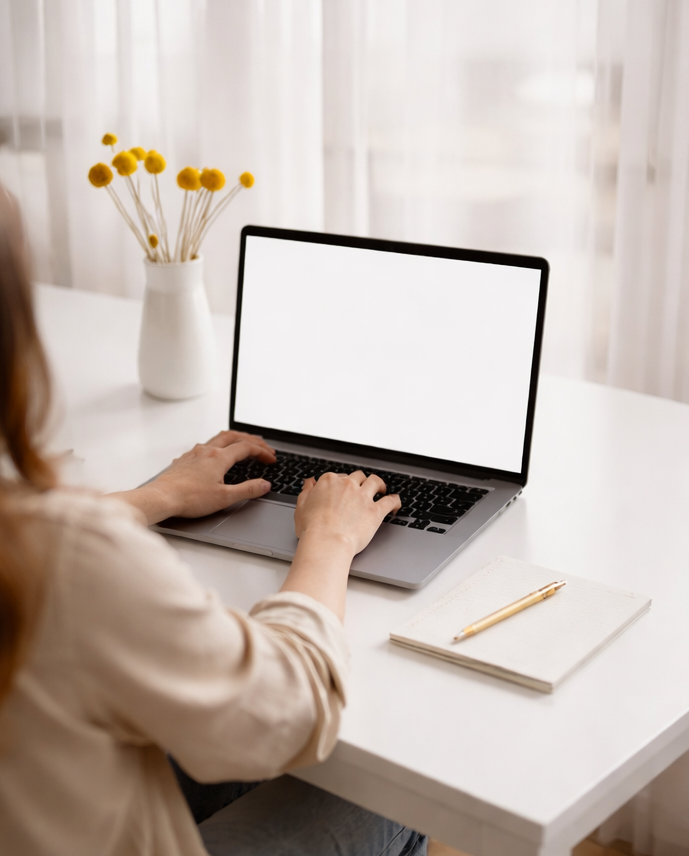 Person working on a laptop at a white desk with a notebook and pen, a vase of yellow flowers, and sheer curtains in the background.