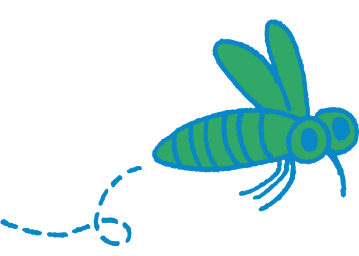 Illustration of a green and blue bee with dotted flight path.