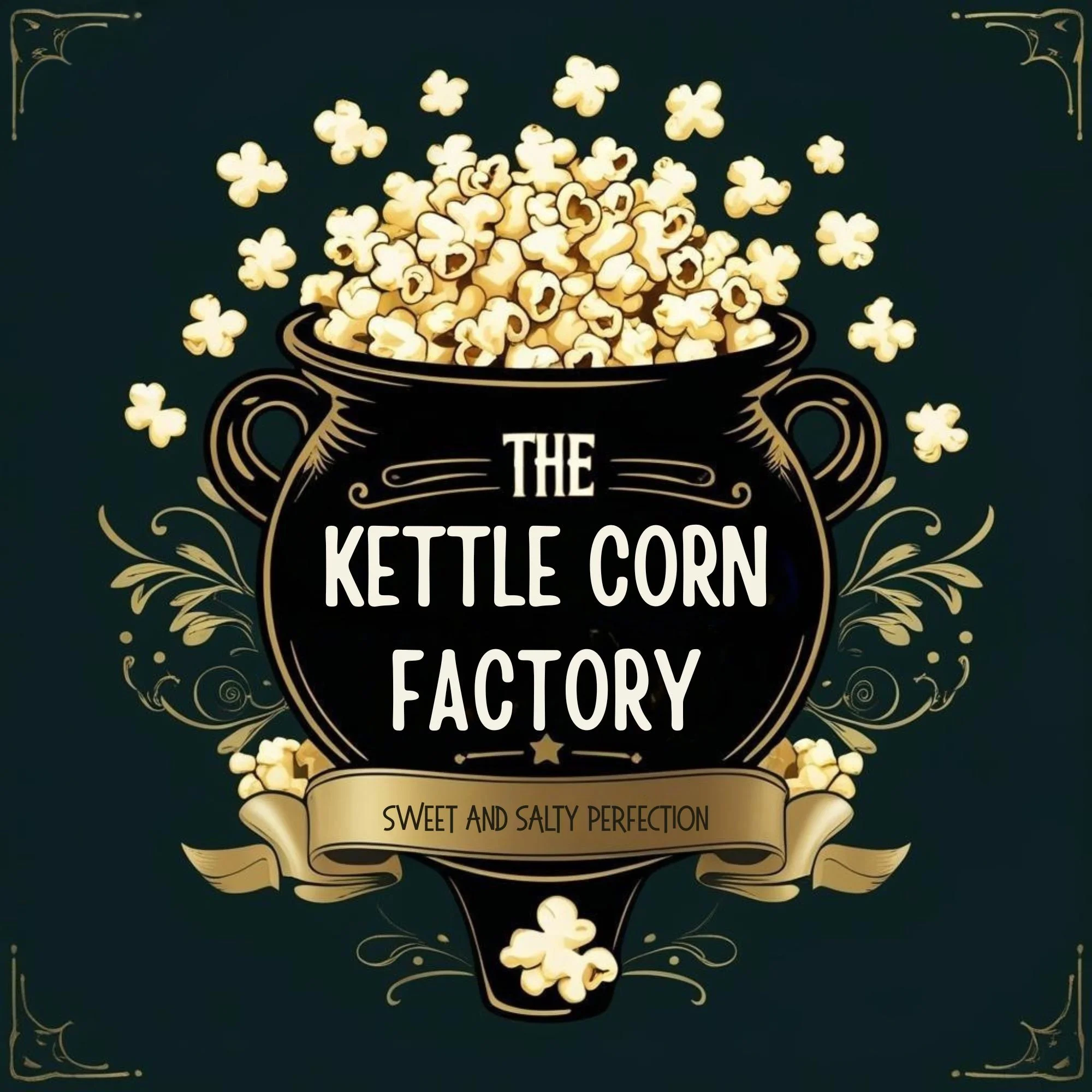 Illustration of a black trophy cup filled with popcorn, with popcorn spilling over the top, surrounded by decorative gold scrolls and accents. The text on the cup reads 'The Kettle Corn Factory,' and below it, 'Sweet and Salty Perfection' is written.