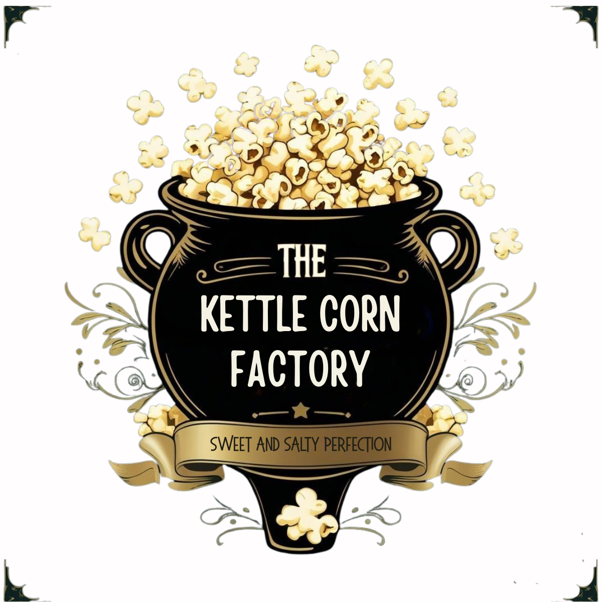 Illustration of a black kettle-shaped container filled with popcorn, with the text 'The Kettle Corn Factory' written on it and a banner below that reads 'Sweet and Salty Perfection.'