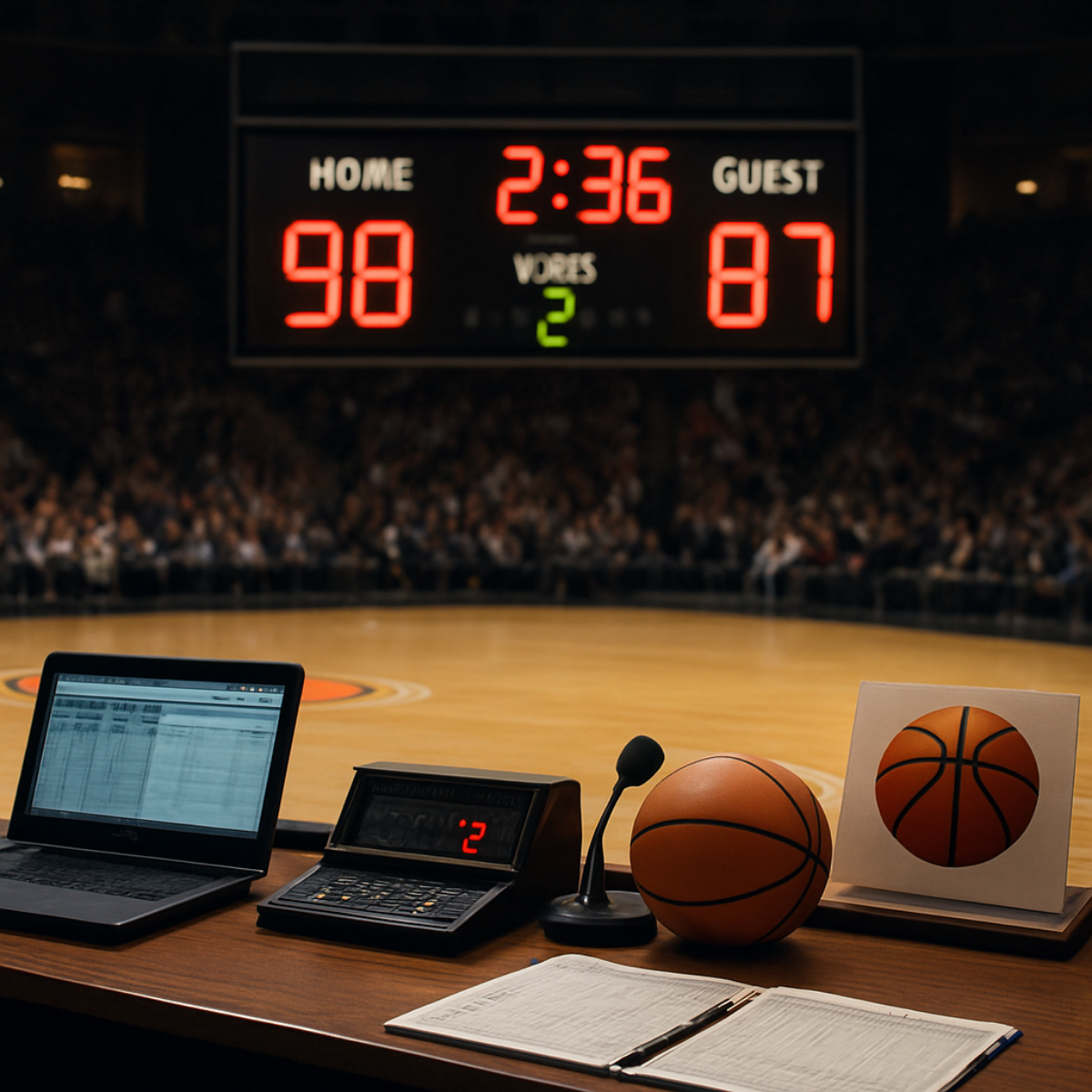 An indoor basketball basketball court with scoreboards showing 98-87, 2 minutes 36 seconds left, and 2 team fouls. On a table in the foreground, there are two basketballs, a laptop, a calculator, a microphone, and a notebook with writing.