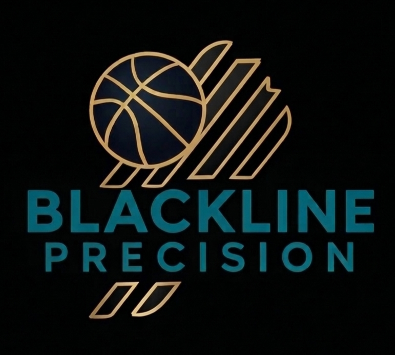 Logo for BlackLine Precision featuring a stylized basketball icon and the company name in blue text.