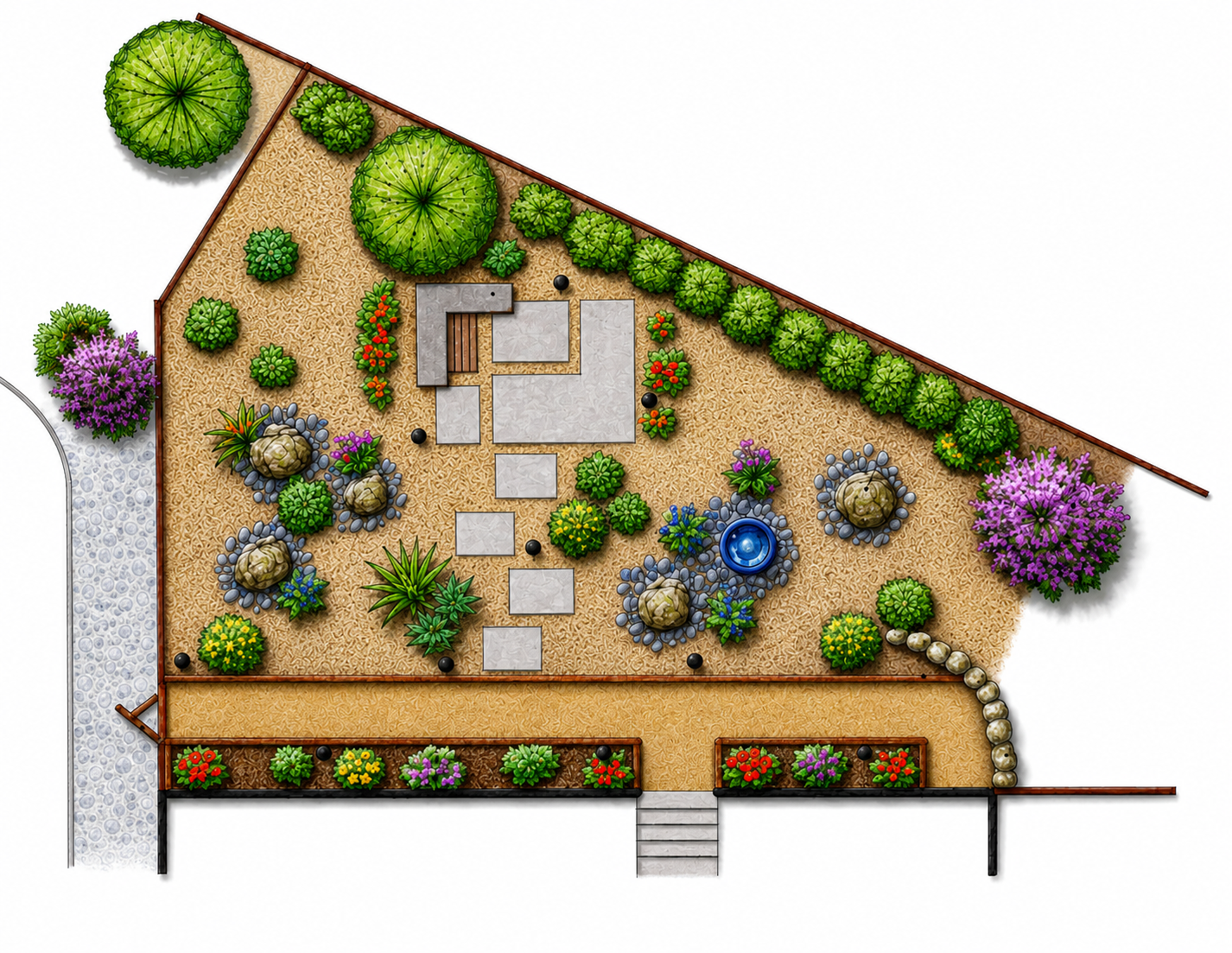 Landscape design plan featuring a variety of trees, shrubs, flowering plants, decorative rocks, a small water fountain, pathway, and garden beds, enclosed with a border and steps at the entrance.