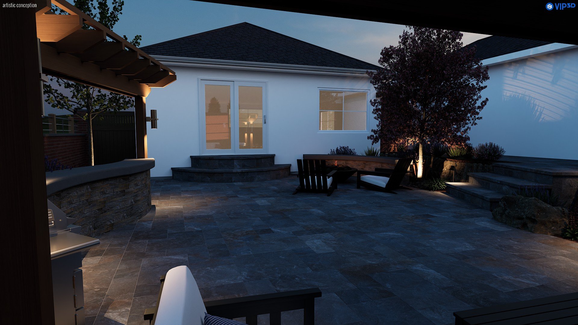 San Ramon backyard design concept with synthetic turf, outdoor seating, and grilling area. 