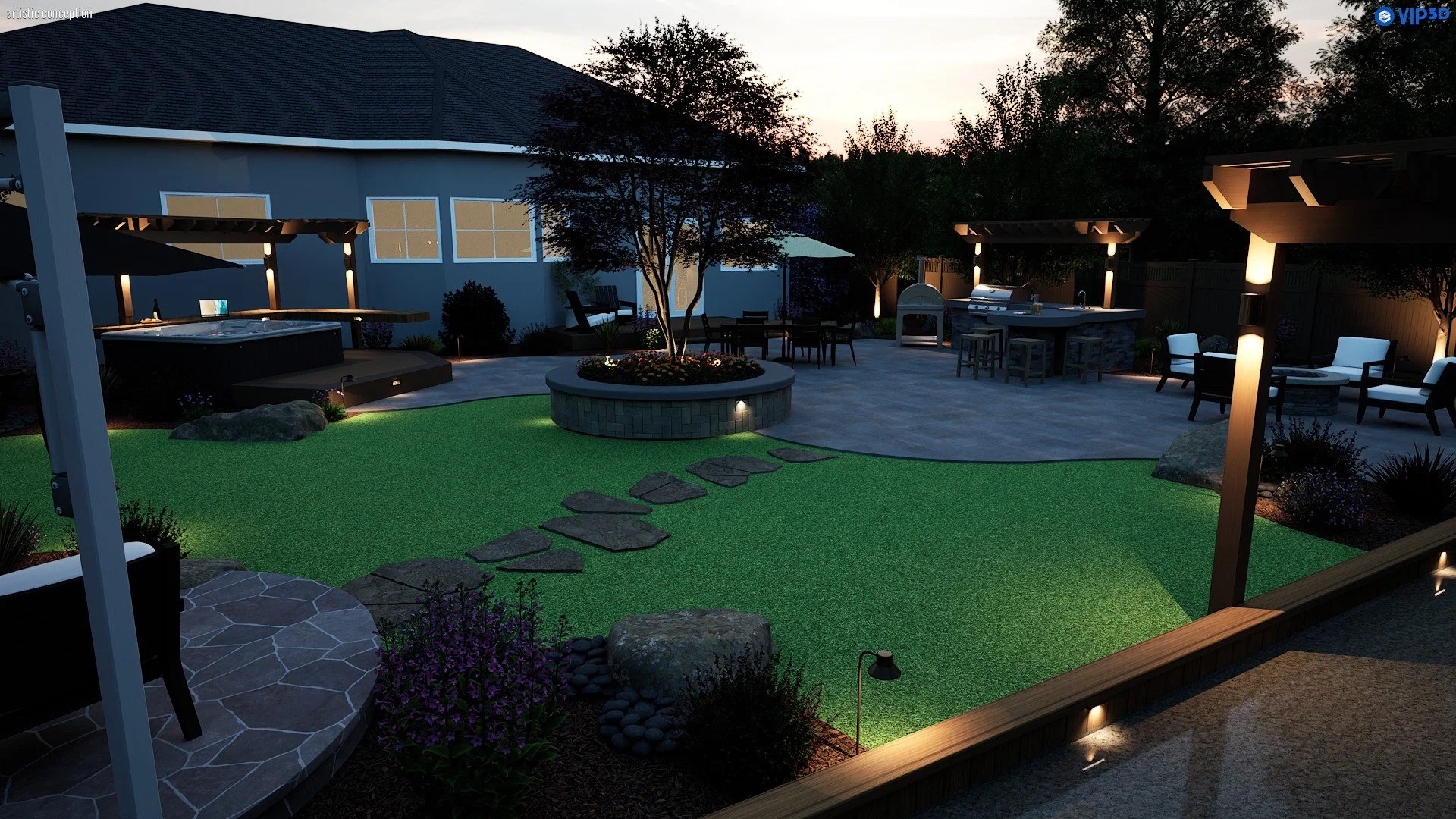 Night time backyard rendering with fire pit seating, turf, patio areas, and outdoor lighting. 
