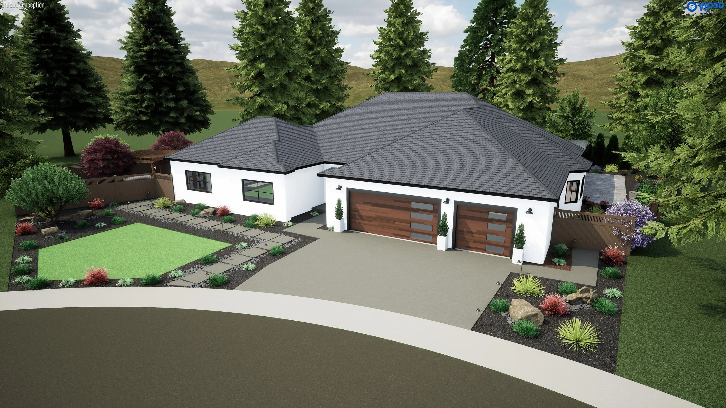 Modern 3D landscape design concept in Danville with turf, patio, arbor cabana, planting, garden boxes, and outdoor lighting.