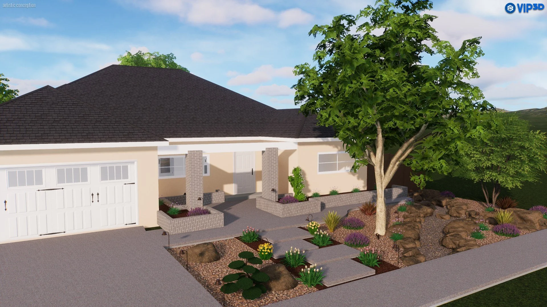 A modern house with a beige exterior and a dark shingle roof. It has a white garage door, a front door, and windows. The front yard features a landscaped garden with a large tree, rocks, and various flowering plants and shrubs.