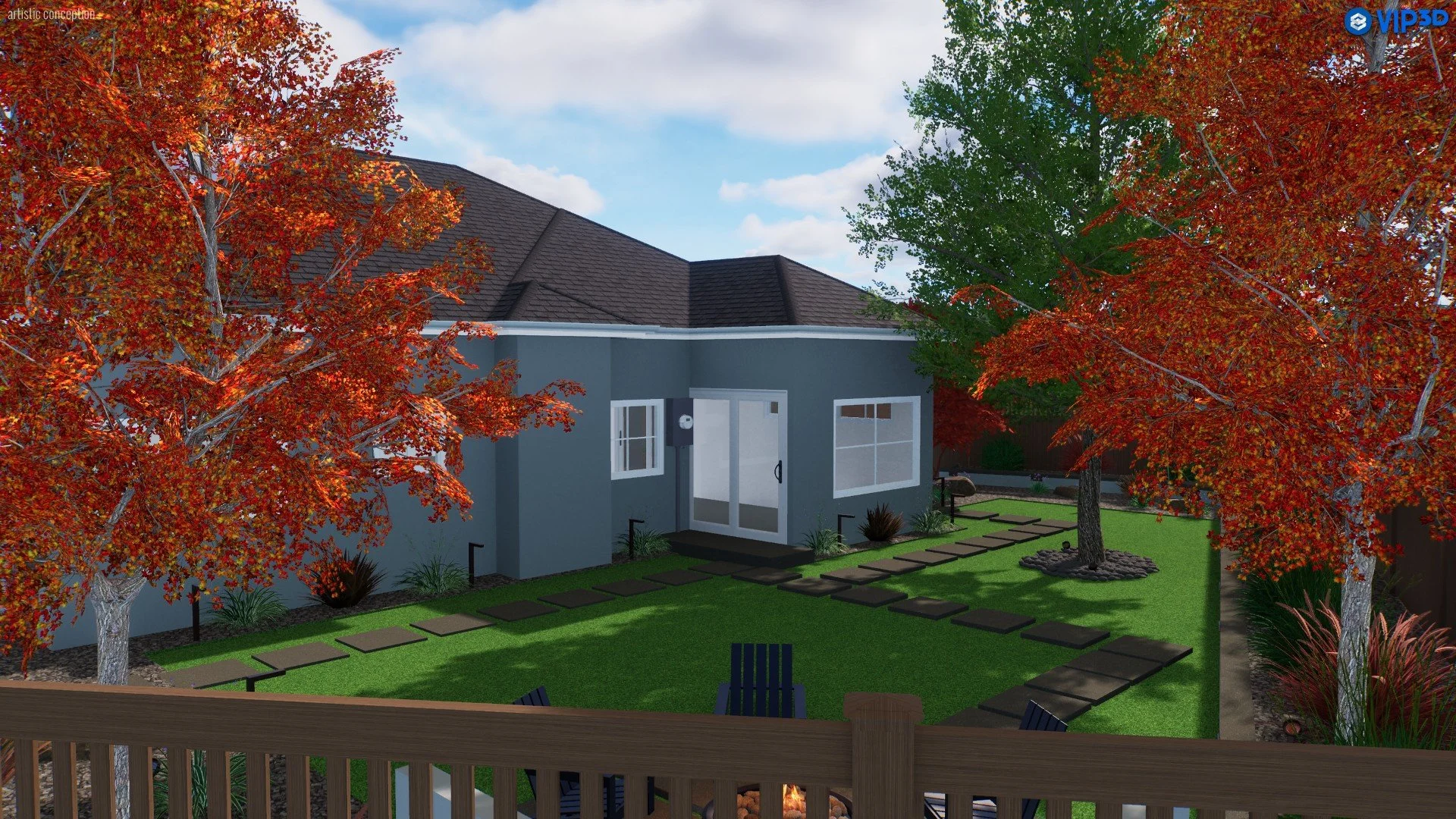 A backyard with a modern gray house, red and green trees, a paved walking path, and grass.