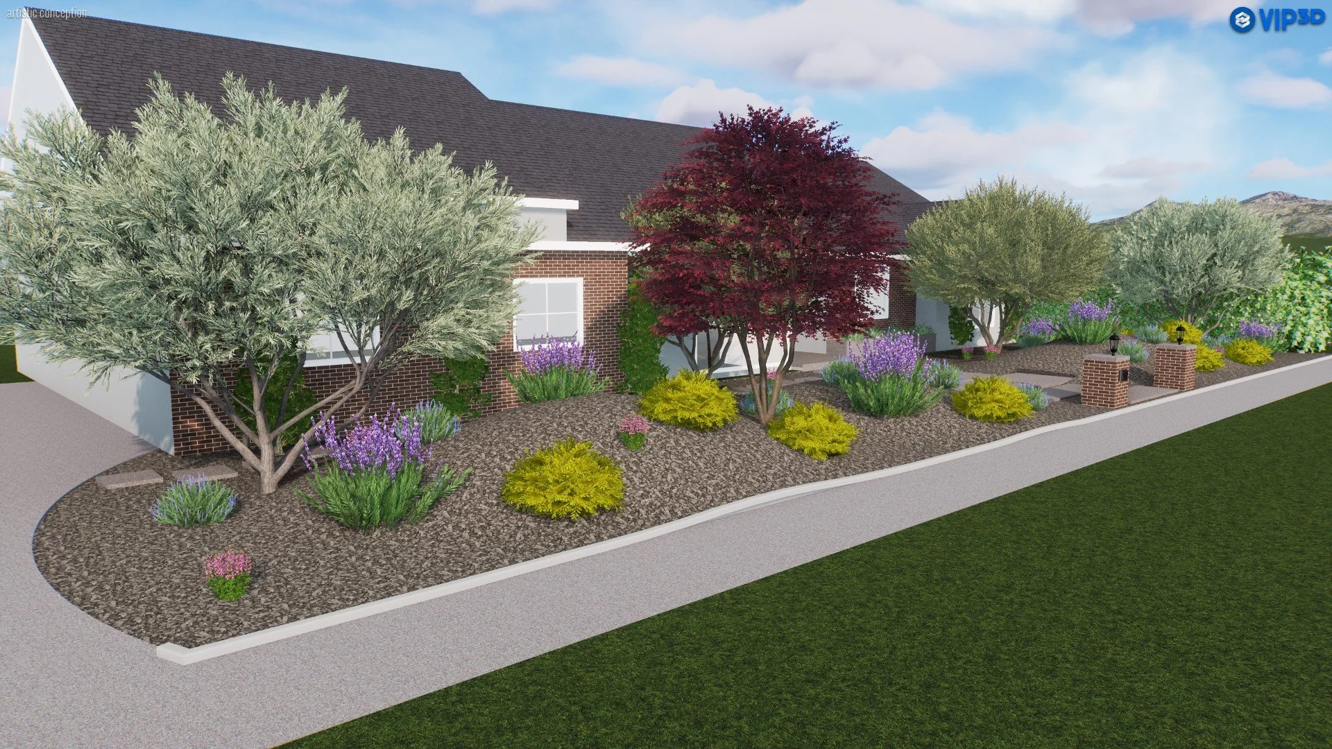 A landscaped front yard with colorful trees, bushes, flowers, and a brick pathway in front of a red brick house under a partly cloudy sky.