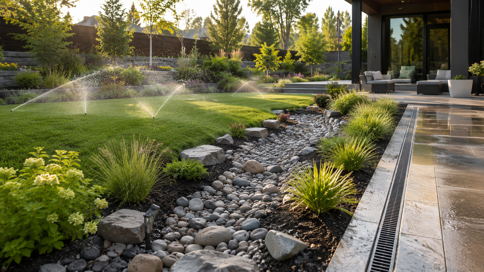 A landscaped backyard with a grass lawn being watered by sprinklers, a dry creek bed with rocks and plants, and a patio area with modern outdoor furniture and a large glass door.