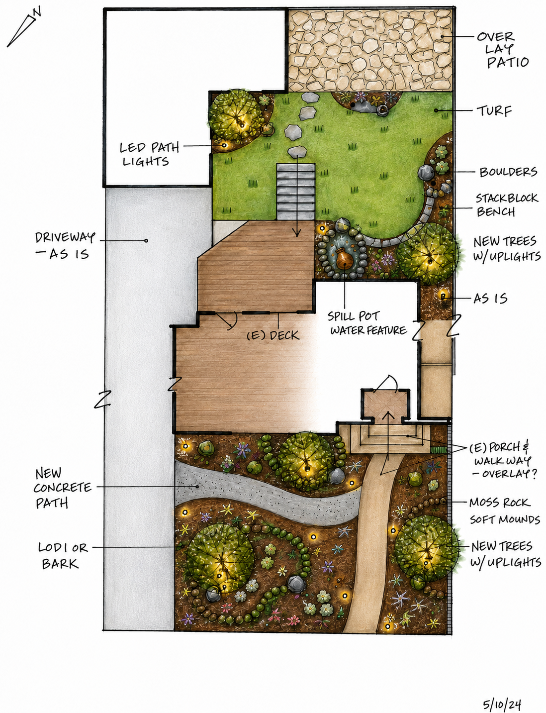A detailed landscape design plan showing a backyard with a driveway, concrete path, lawn, patio, various plants, trees with uplights, boulders, a water feature, deck, and lighting features.