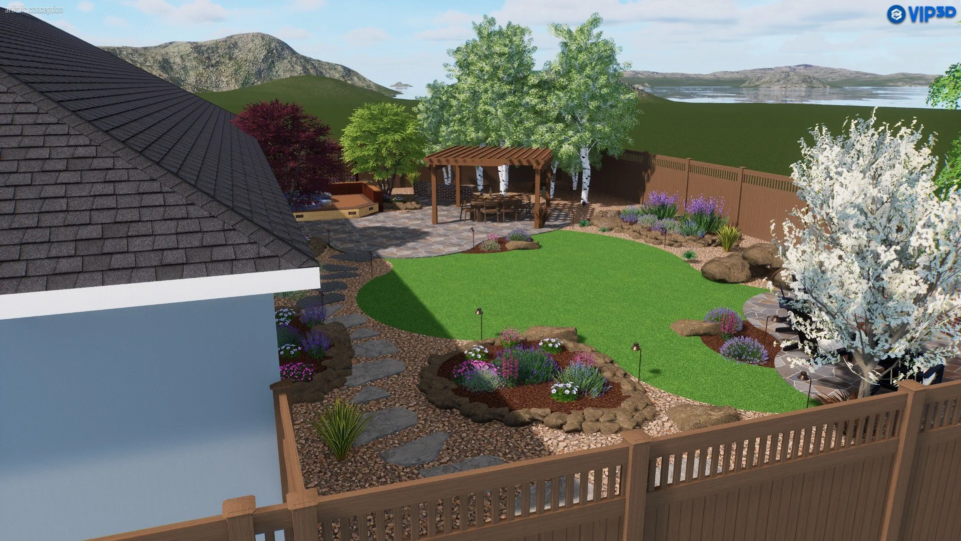 Rendered backyard with landscaped garden, stone patio, outdoor dining area under a wooden pergola, various trees and flowering plants, enclosed by a wooden fence, overlooking mountains and water in the distance.