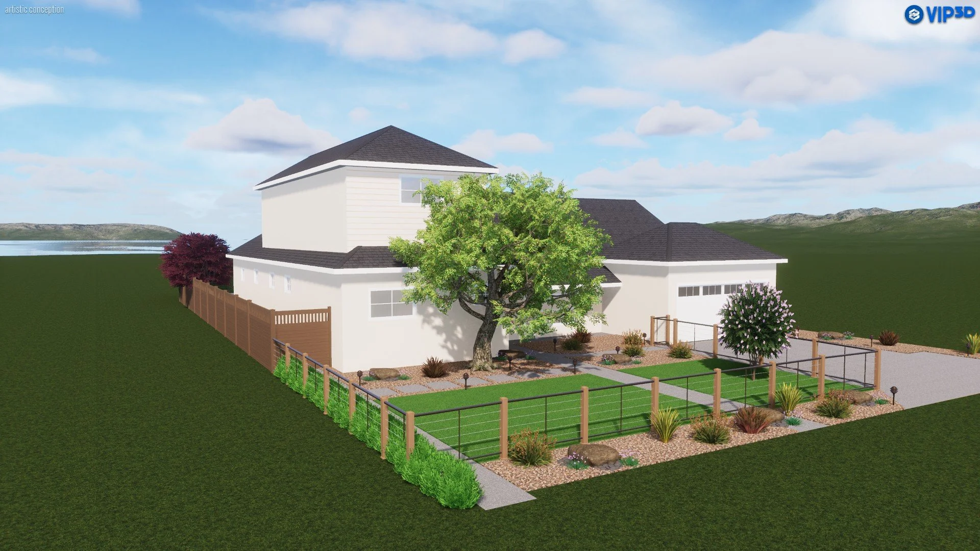 A digital rendering of a modern two-story house with a black roof, surrounded by a landscaped yard with trees, shrubs, and a fenced lawn, set against a backdrop of mountains and a lake under a partly cloudy sky.