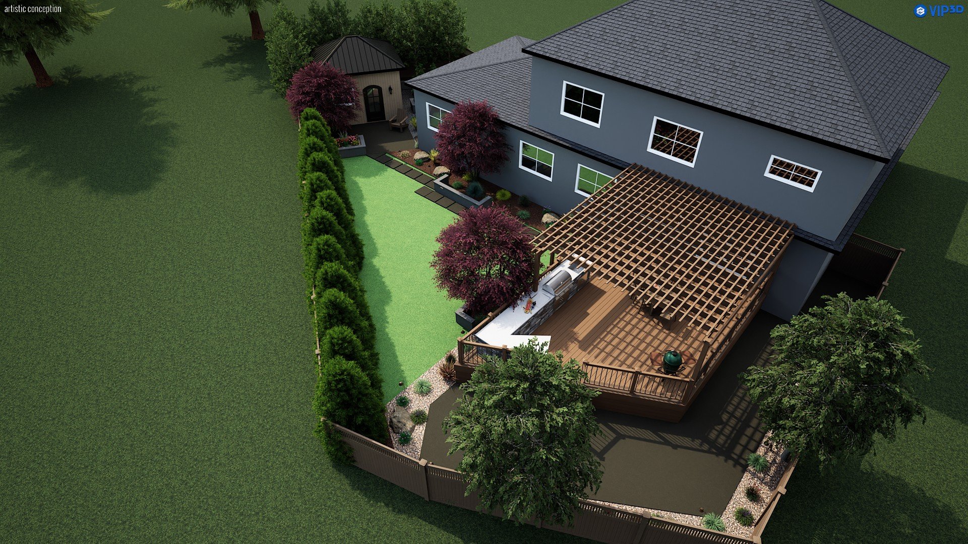 Castro Valley, CA 3D landscape design with synthetic turf, raised wood deck, patio space, planting, decorative rock, and landscape lighting.
