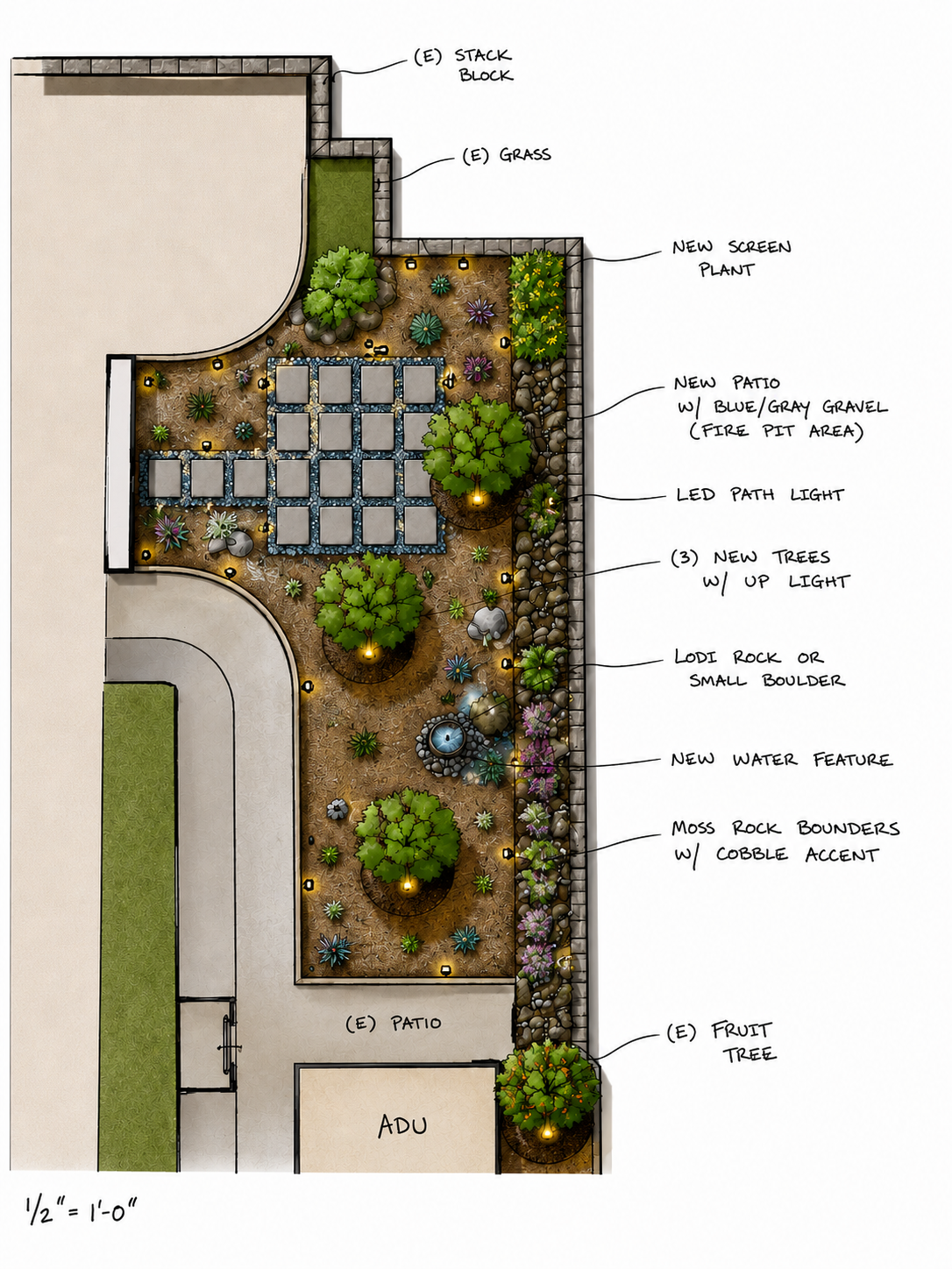 Landscape design plan with new patio, water feature, trees, rocks, grass, and lighting elements.