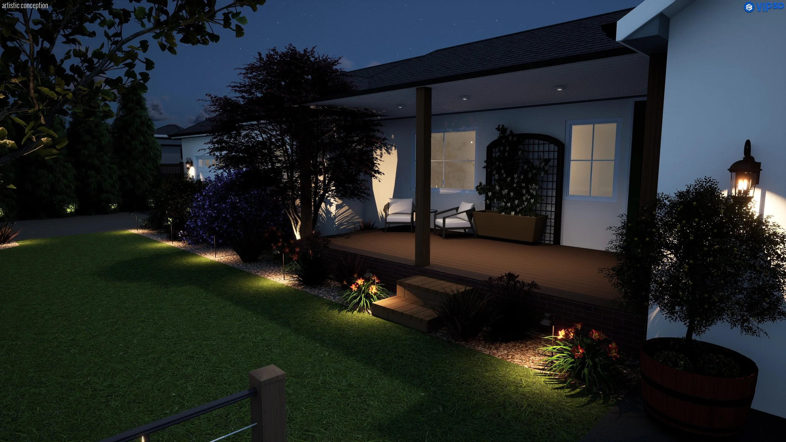 Nighttime view of a backyard with a lit patio, two chairs, outdoor lighting, and surrounding plants and trees.