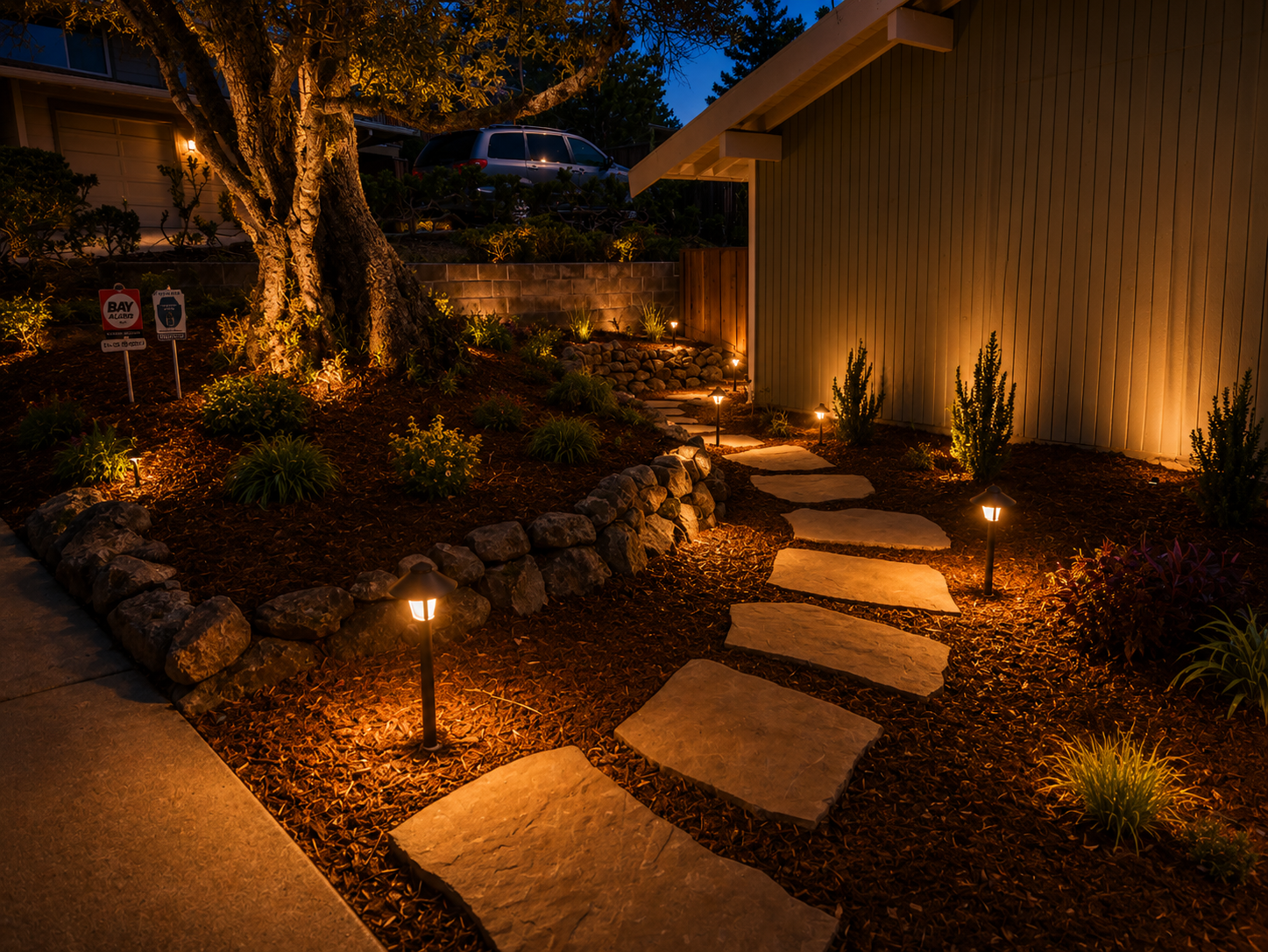 Nighttime view of a landscaped garden with a stone pathway, illuminated by small pathway lights, surrounded by shrubs and a large tree, with exterior house siding and parked cars visible in the background.