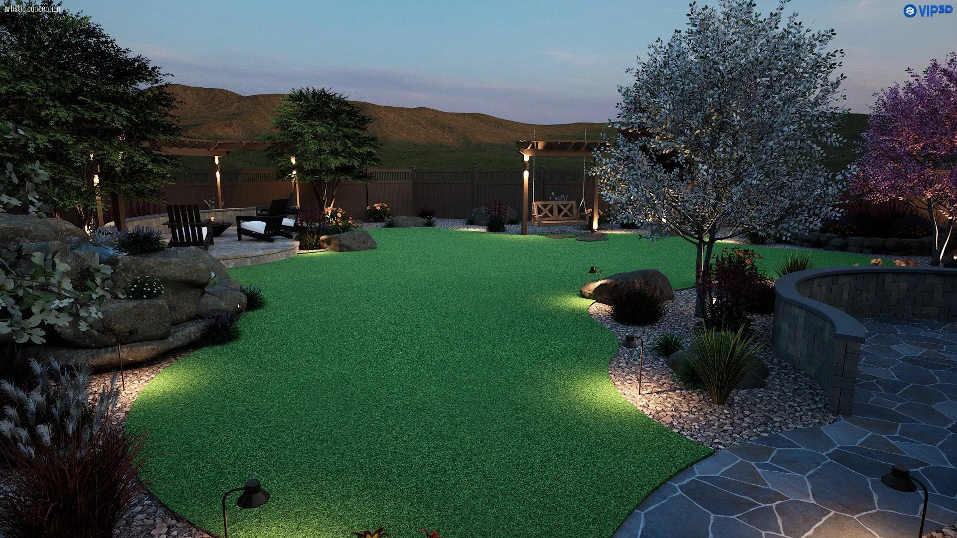Night time 3D landscape rendering showing outdoor lighting, turf, patio, and seating area. 