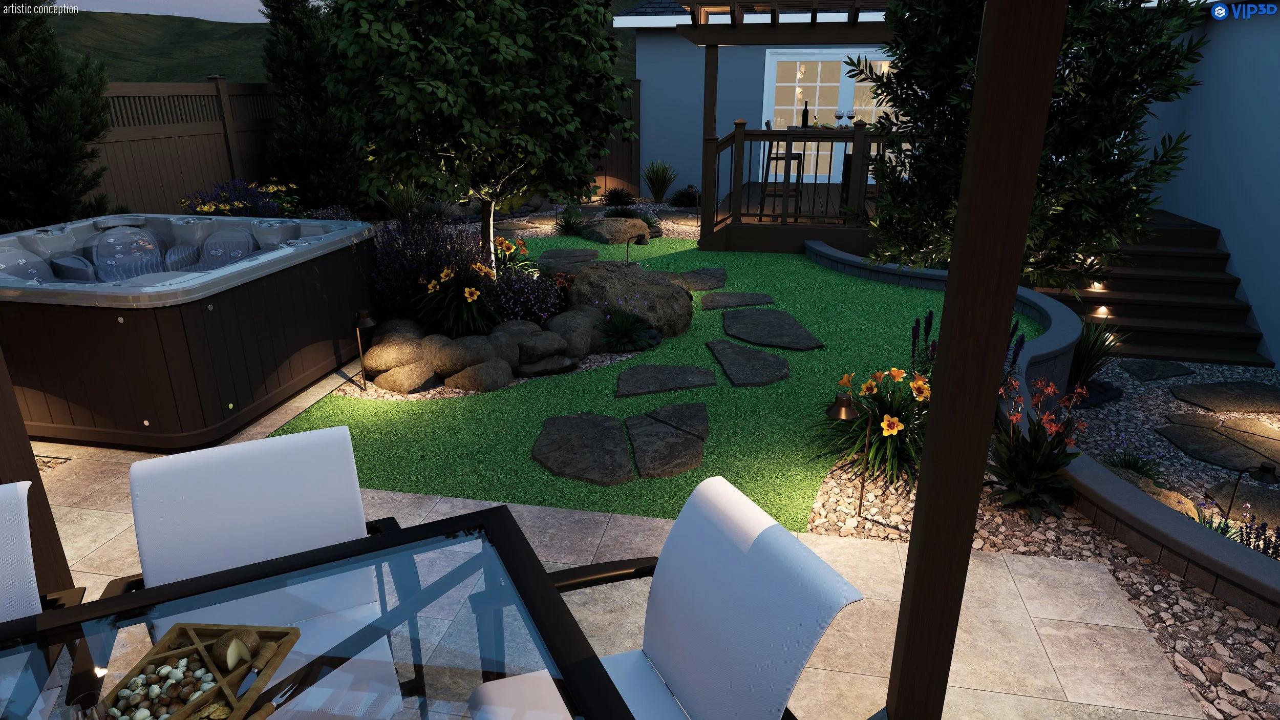 Dublin, CA drought-tolerant 3D landscape design with synthetic turf, decorative rock, and planting