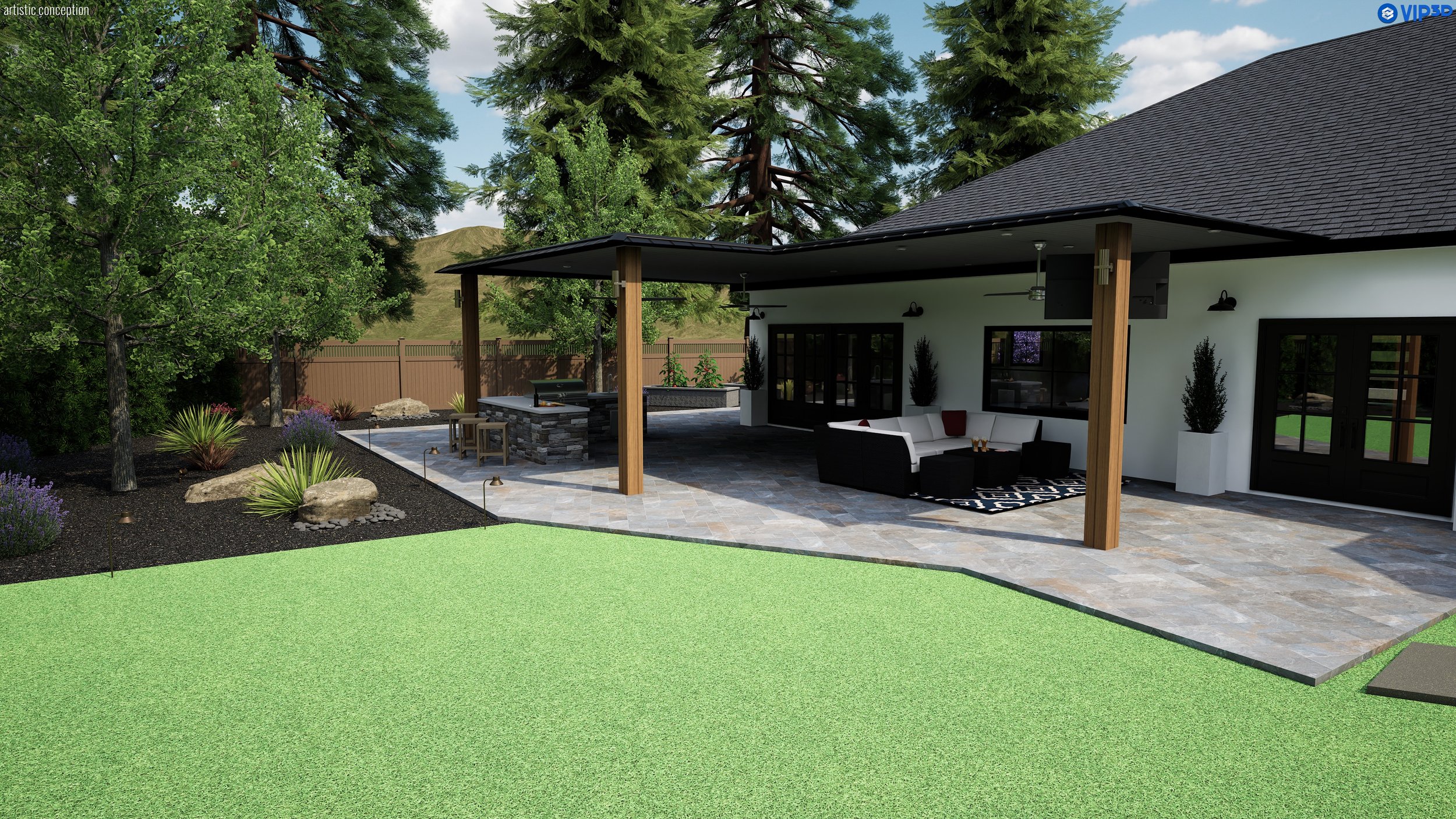 Danville 3D landscape design showing arbor cabana and outdoor living space