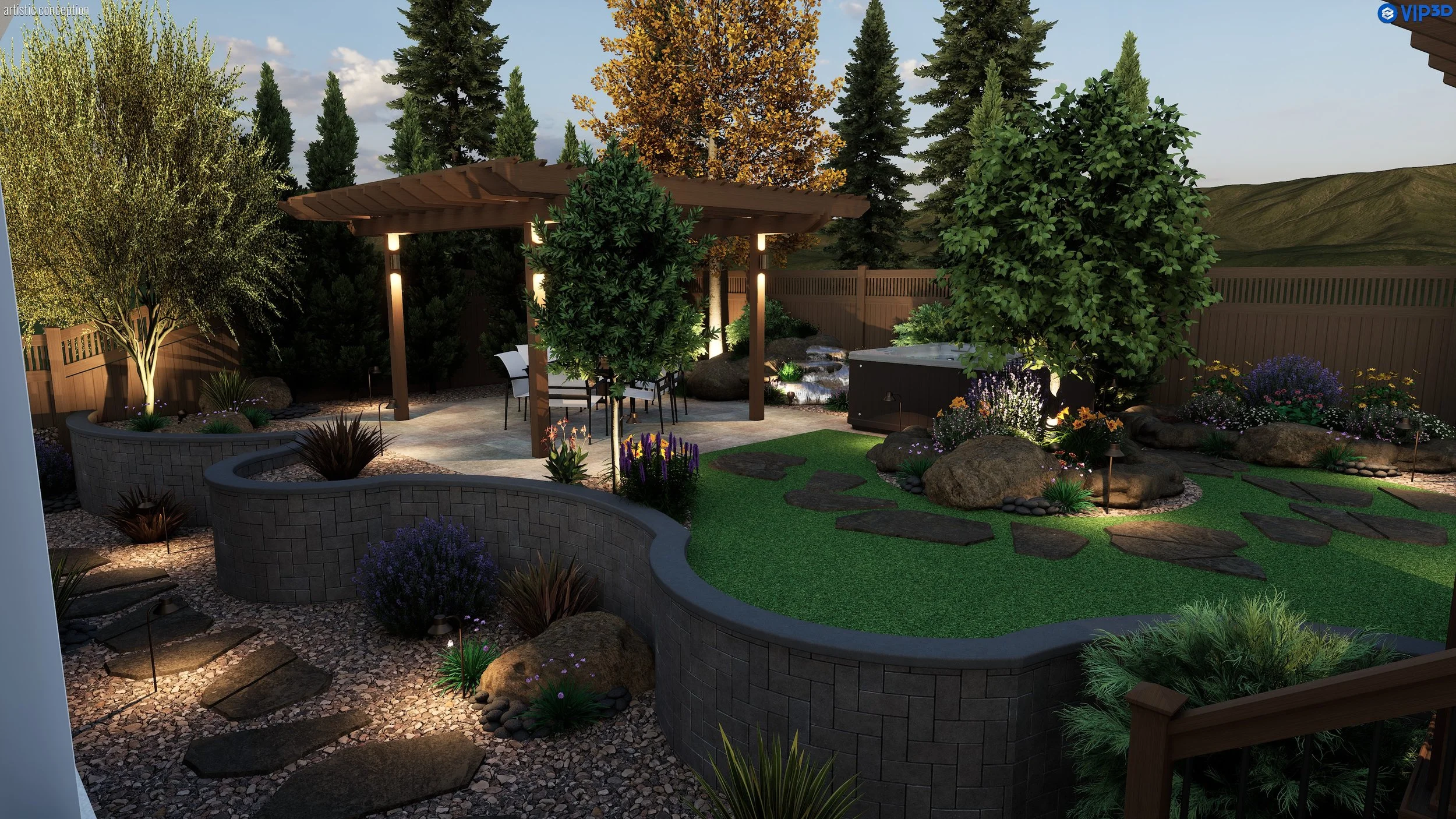 Low-maintenance outdoor living design with turf, rock, planting, and patio areas in Dublin, CA. 