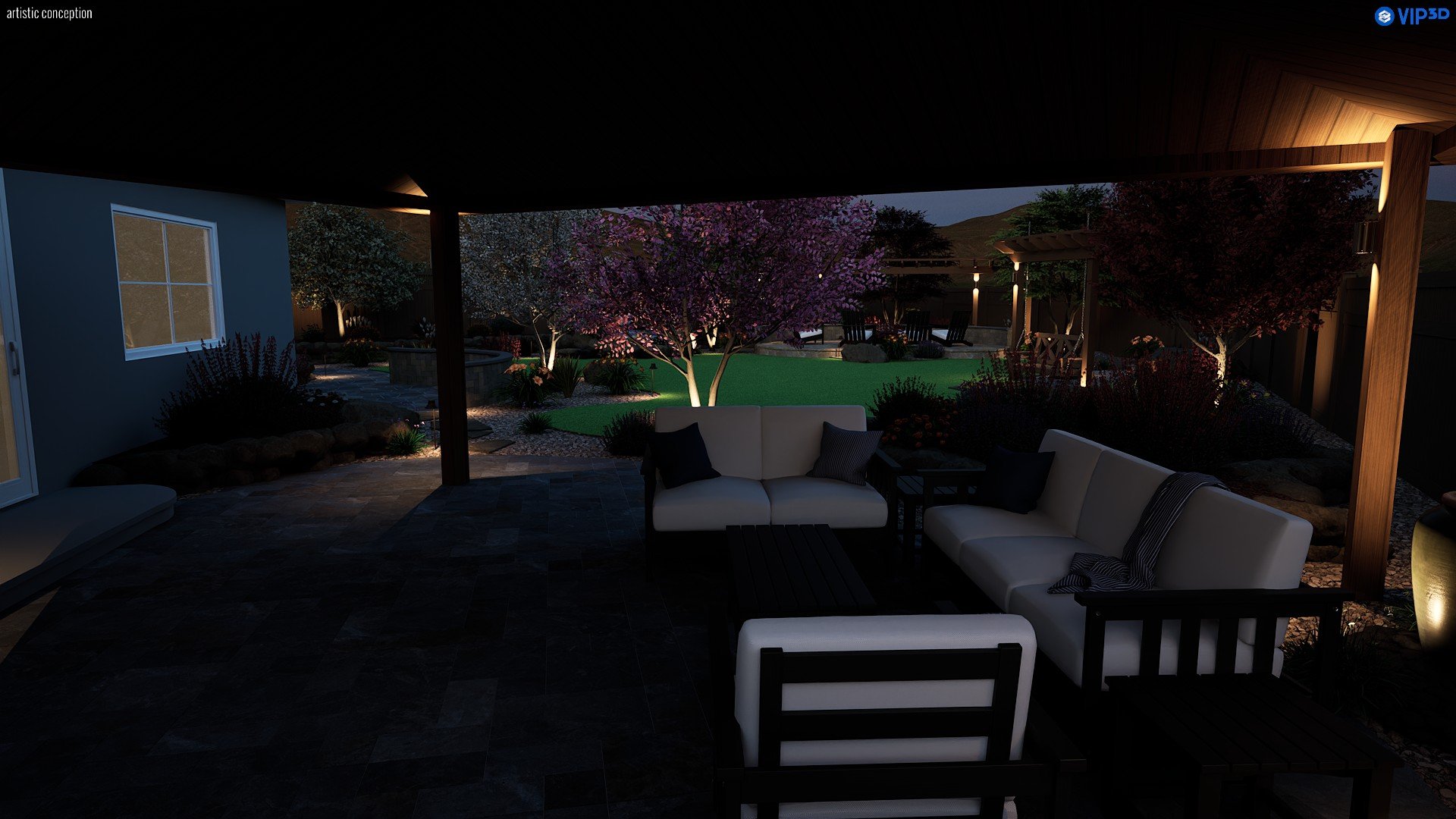 Night time 3D landscape rendering showing outdoor lighting, turf, patio, and seating area.