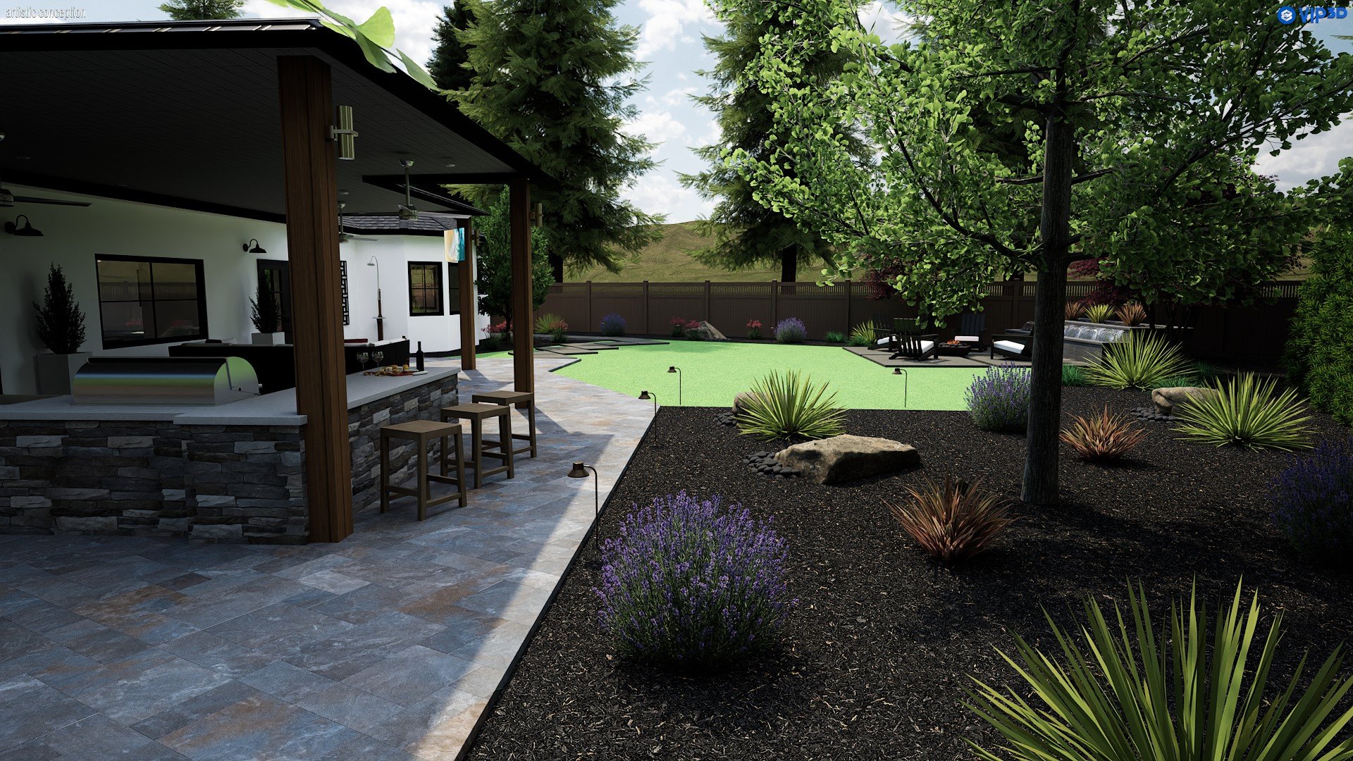 A backyard patio with a covered outdoor kitchen area featuring a countertop, stools, and a grill. Beyond the patio, there is a landscaped yard with a tree, purple and green plants, lawn, and a privacy fence. There are outdoor chairs and a water featu