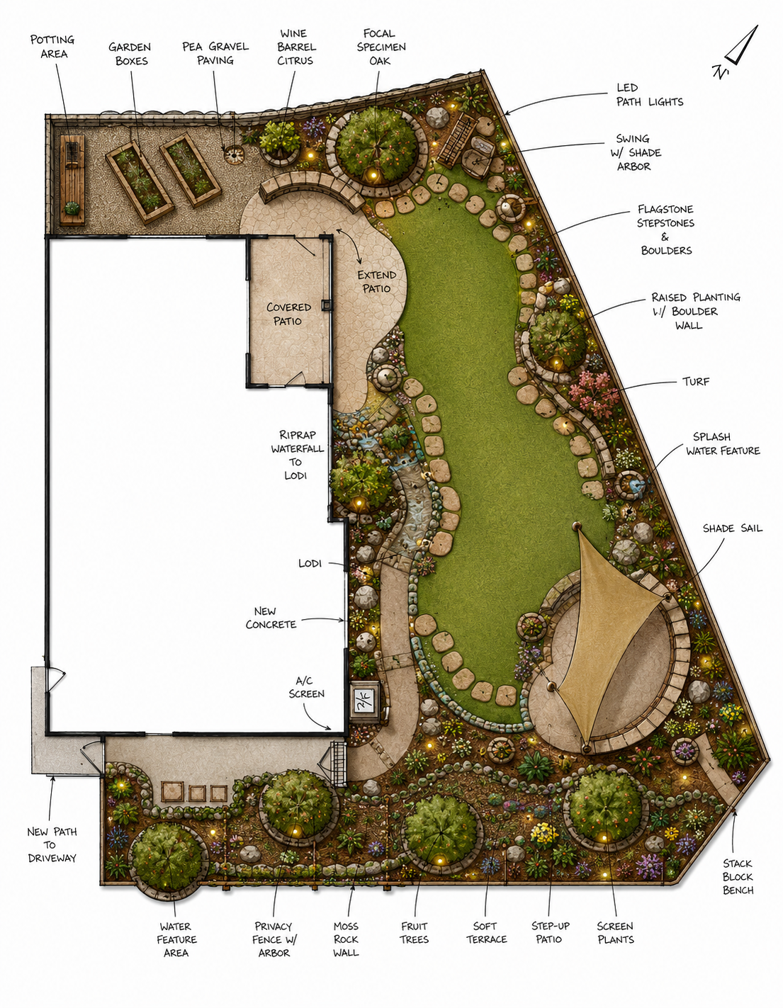 Landscape garden plan with labeled features including potting area, garden boxes, pea gravel paving, wine barrel citrus, focal specimen oak, LED path lights, swing with shade arbor, flagstone step stones and boulders, raised planting with boulder wal
