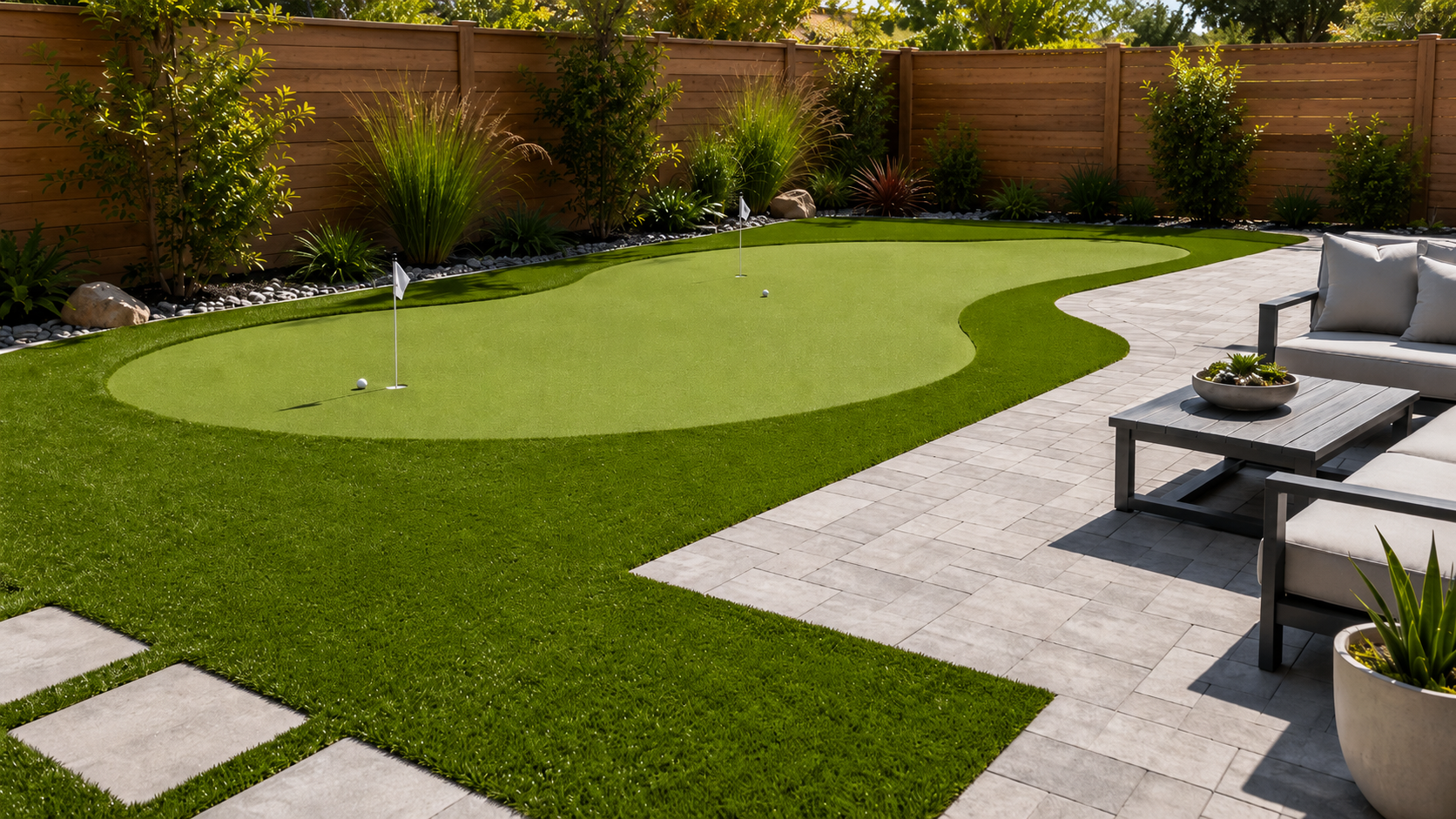 Backyard patio with a putting green, patio furniture, potted plants, and a wooden fence with landscaping.