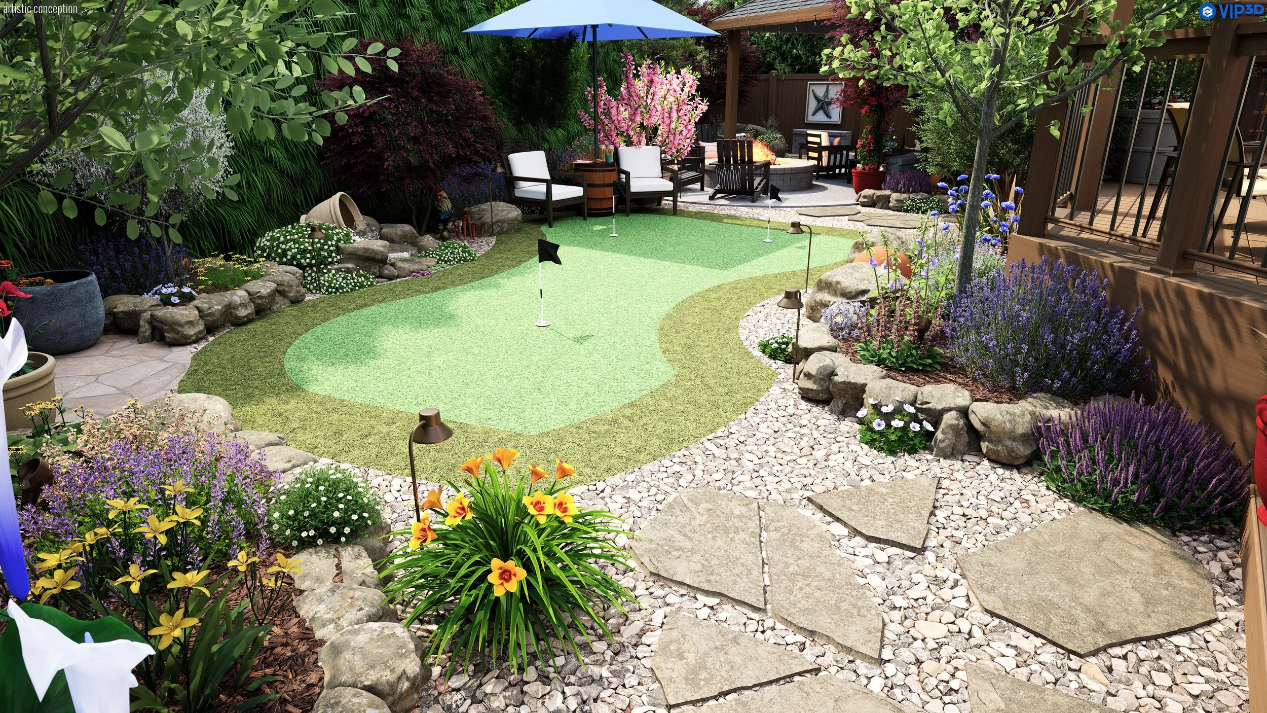 A backyard with a mini golf course, surrounded by colorful flowers, shrubs, and trees. There is an outdoor seating area with chairs, a table, and a blue umbrella, as well as a fire pit. The yard is enclosed by a wooden fence.