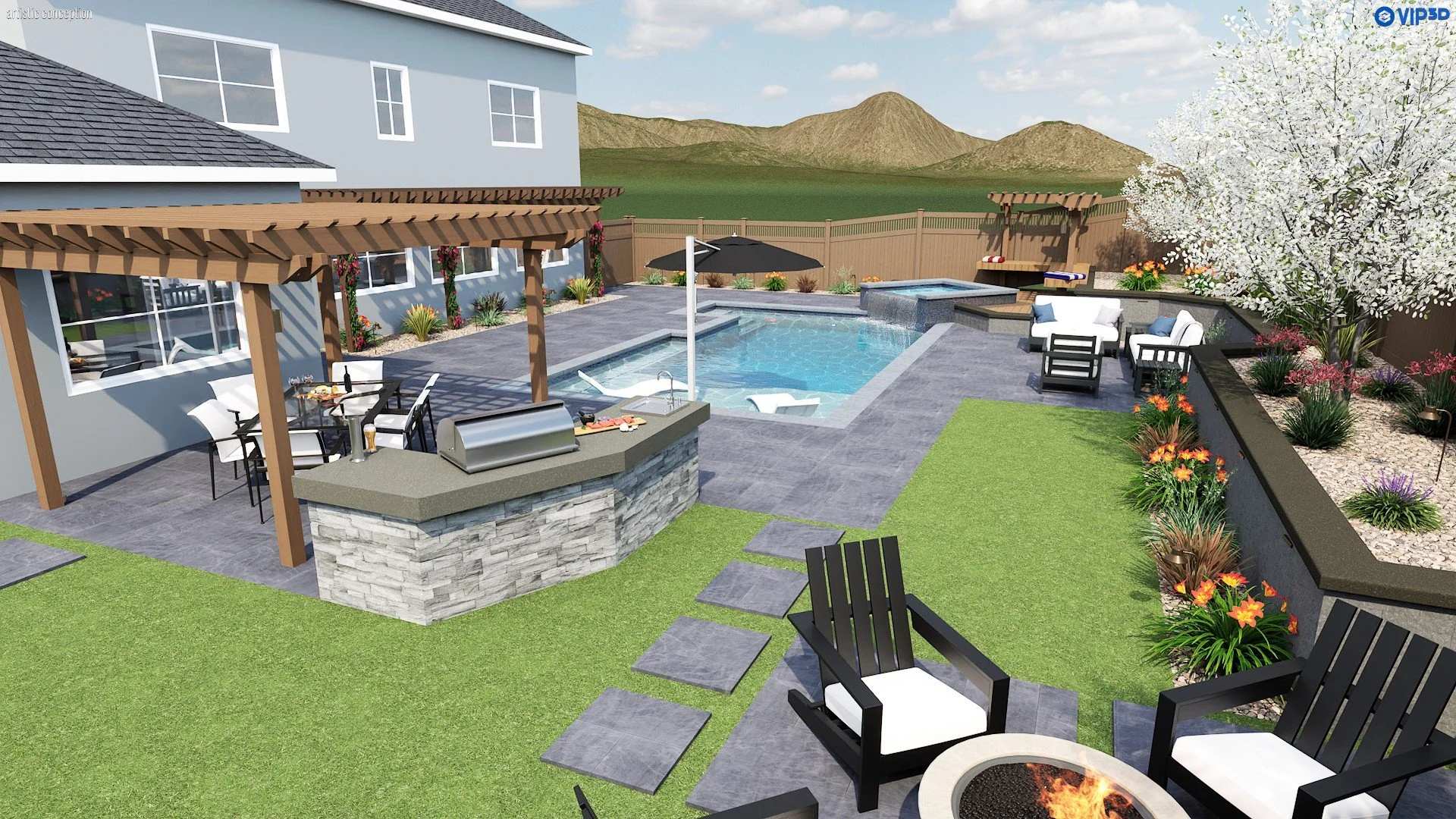 Livermore, CA pool and outdoor living 3D landscape design with swimming pool, pergola, patio seating, turf, planting, raised deck, and outdoor lighting.