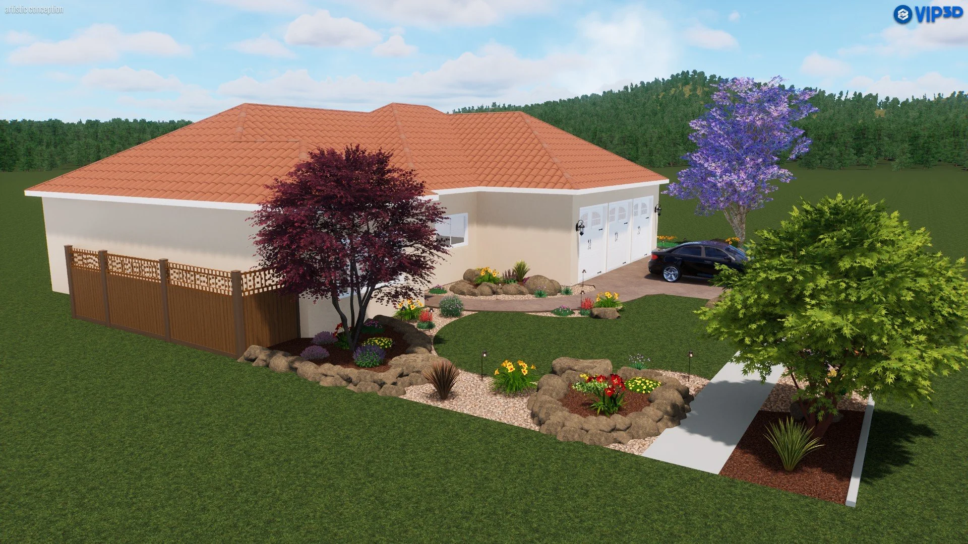 Digital rendering of a suburban house with a red-tiled roof, surrounded by landscaped garden with trees, colorful flowers, rocks, and a driveway with a black car parked outside.