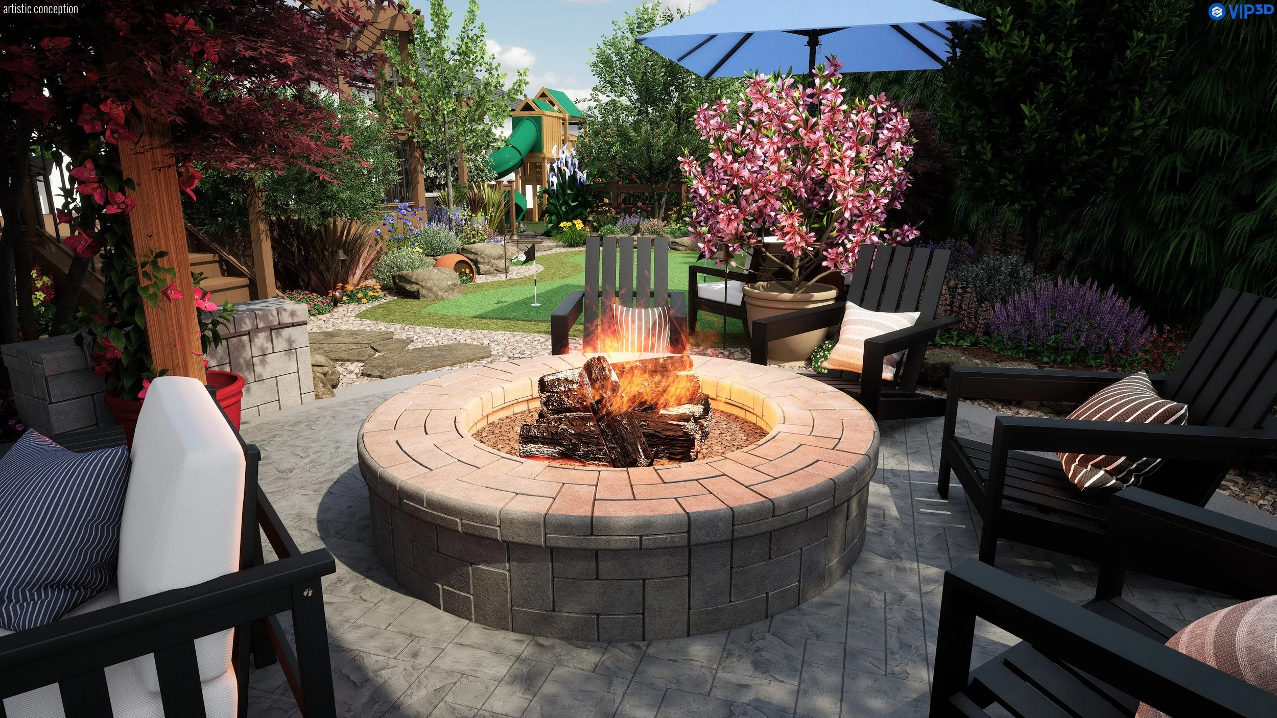 A backyard patio with a central fire pit, surrounded by black chairs and pillows, lush green plants, pink flowers, and outdoor play equipment in the background.